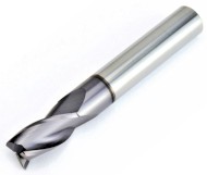 Karbidová monolitní fréza 12 mm. Univerzální . 3 břitá, drážka 30°, dlouhá, zub přes střed, rohová fazetka, stopka h6, DIN6527, AlTiN,  UNI3